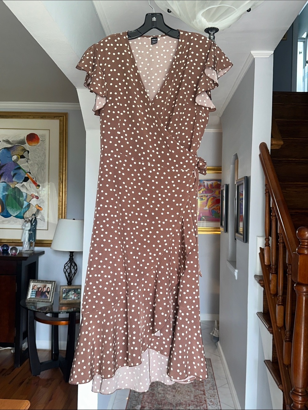 SHEIN Brown Polka Dot Wrap Midi Dress with Ruffle Sleeves Sz L